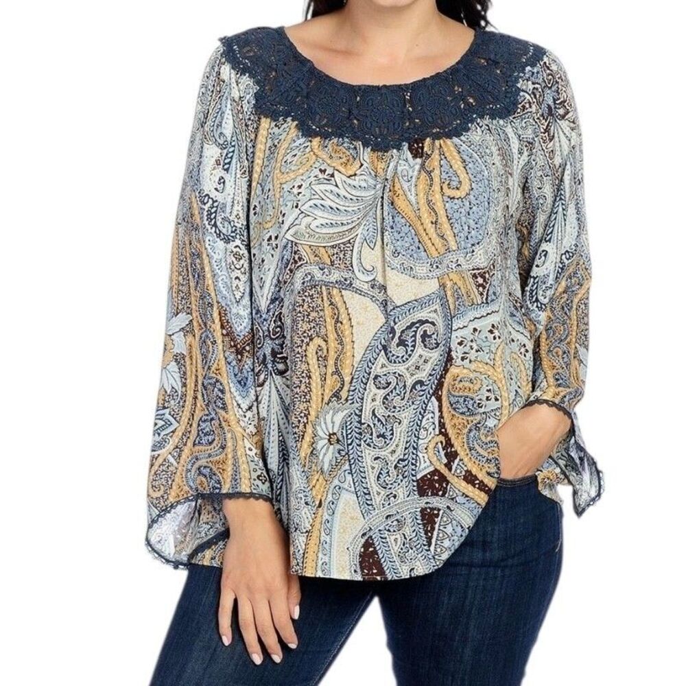 One World Live & Let Live Boho Crochet Blouse Top Shirt Paisley Blue L